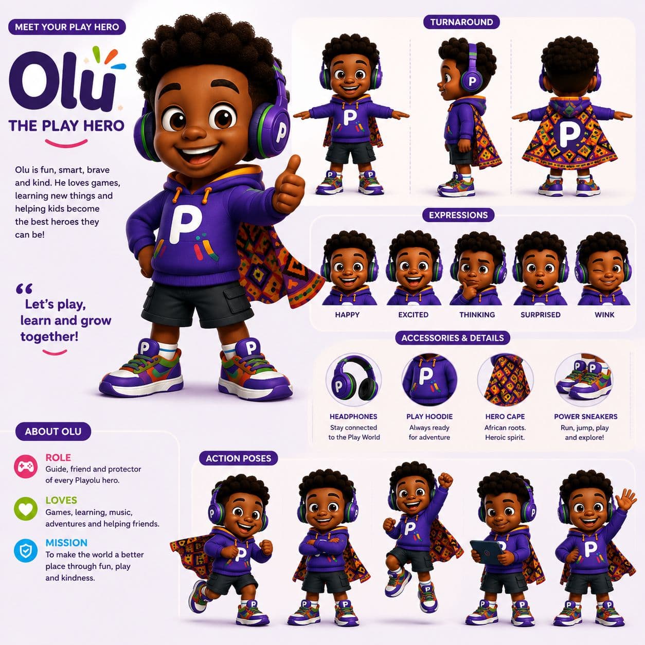 Olu the Play Hero — official character sheet showing turnaround, expressions, accessories, and action poses